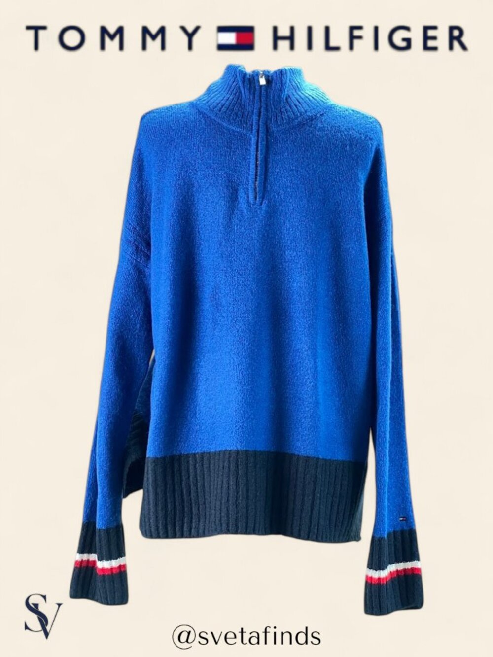 NWT Tommy Hilfiger Blue Ribbed Mock Neck Zip Pullover Sweater Size M